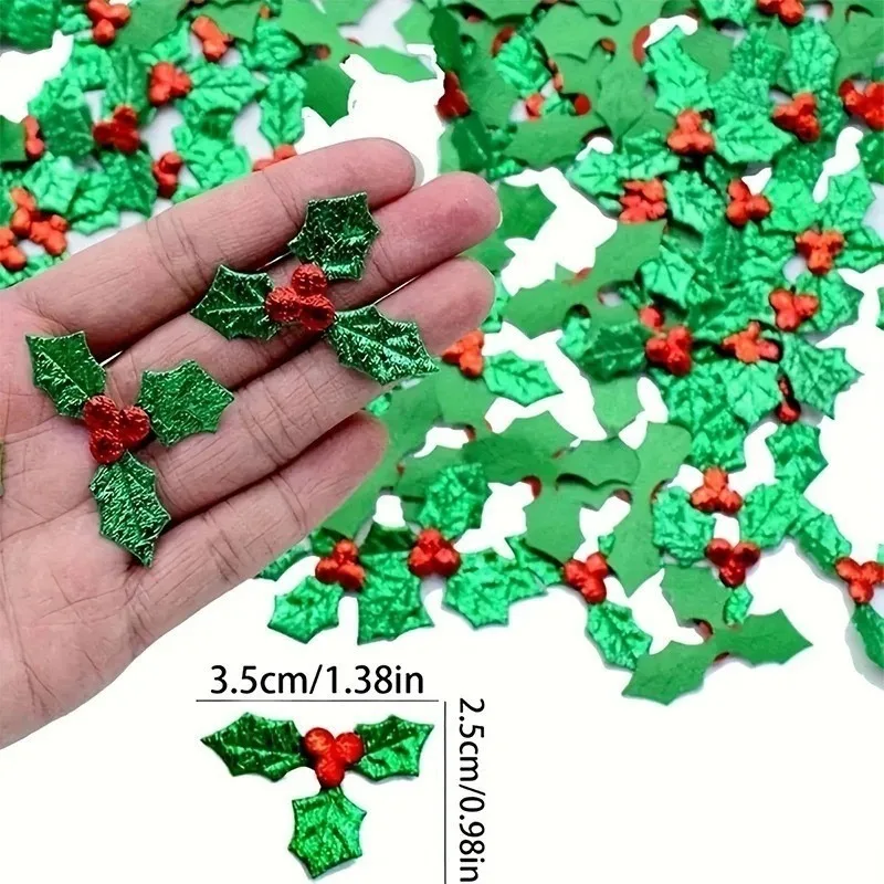 100 Stück 3,5 cm grüne Glitzerblätter, rote Beeren, Weihnachtsdekorationen für Heimdekoration,