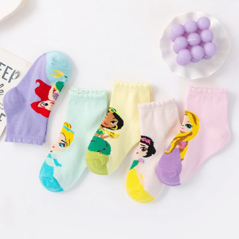 Calcetines cortos de algodón con estampado de Disney para niñas, medias transpirables con dibujos animados, de 0 a 12 años, 5 pares