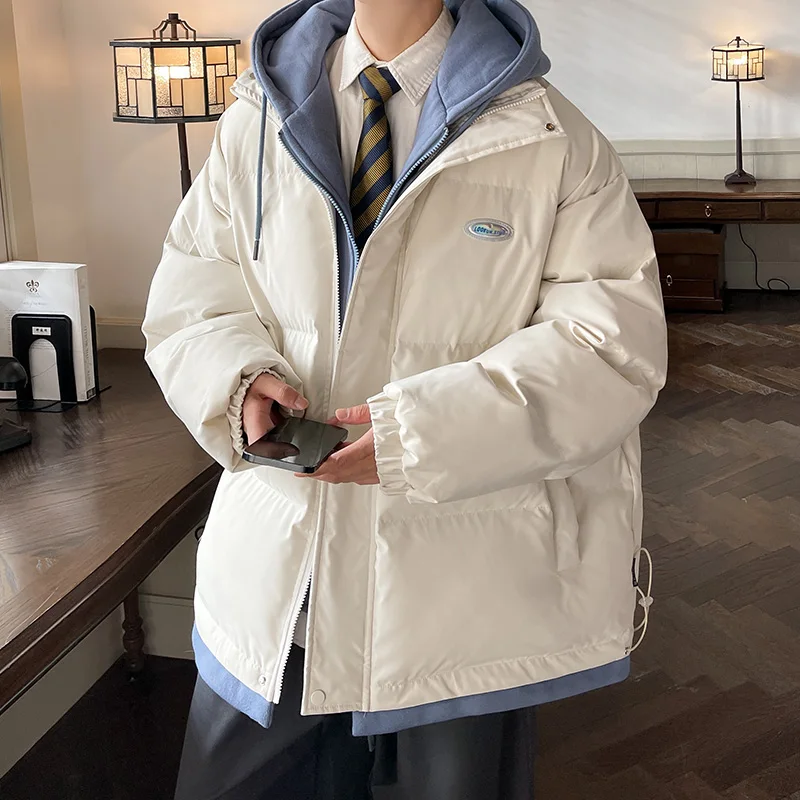 

Men's Thiened Hooded down Cotton Jaet Fake Two-Piece Sle Youthful Casual Winter Warm Faionable Bread Coat