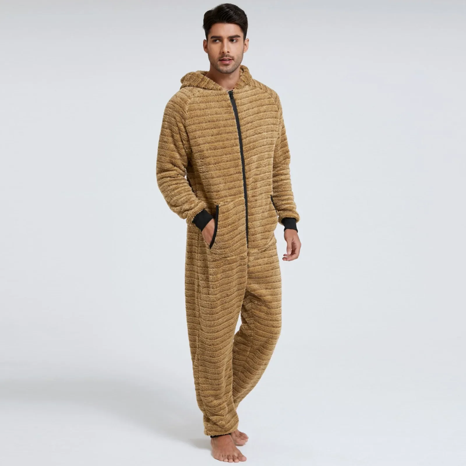 Thick Hooded Jumpsuit Men Solid Color Flannel Onesie Pajamas Adults Winter Autumn Warm Sleepwear Anime Costume Onesies For Men