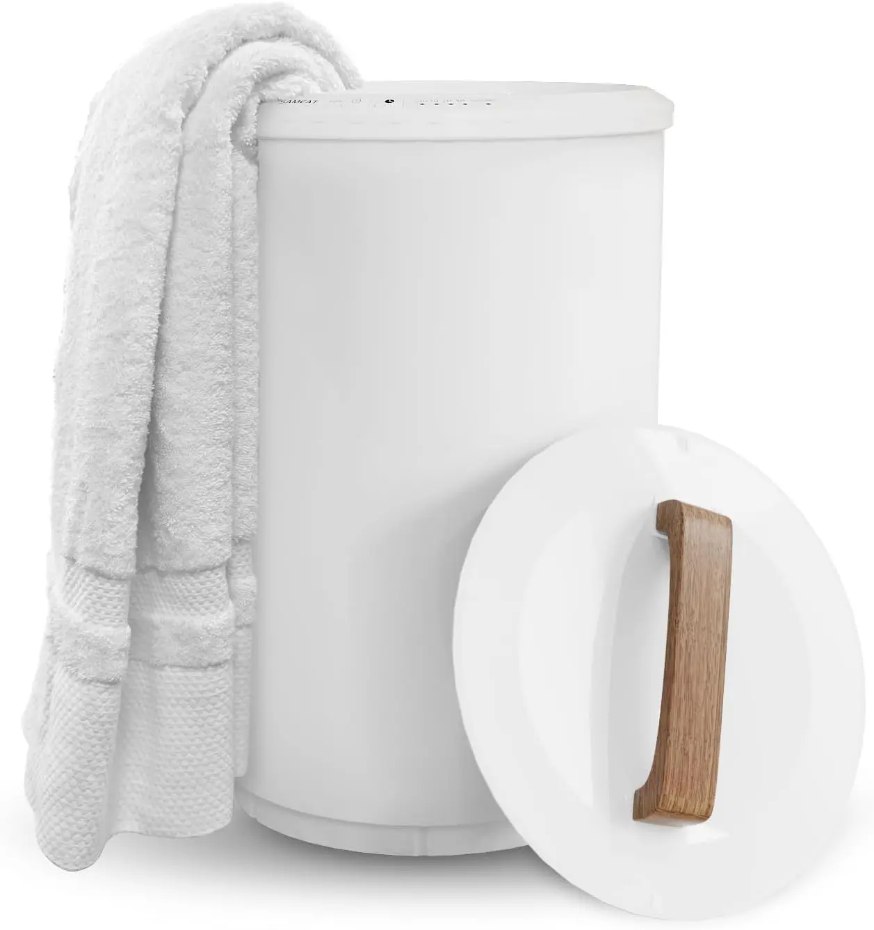 

Large Towel Warmer Bucket for Bathroom with Auto Shut Off, Wood Handle, Fits Two Oversized Towels