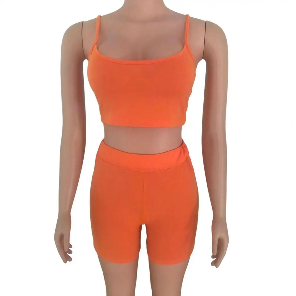 

Vest Shorts Set Sportwear Women's Athletic Crop Top Shorts Set Spaghetti Strap Sportwear Outfit with High Waist Elastic for Gym