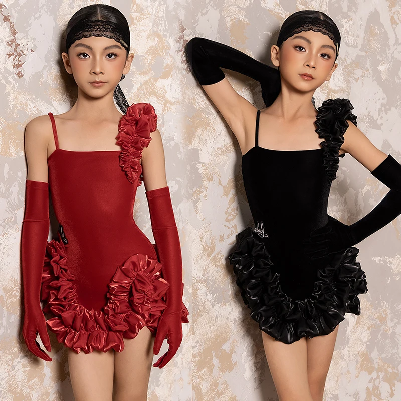 

Платье для соревнований по латинским танцам для девочек, детский костюм для танцев Румба Ча Ча Танго, красное, черное бархатное платье, комплект перчаток BL18229