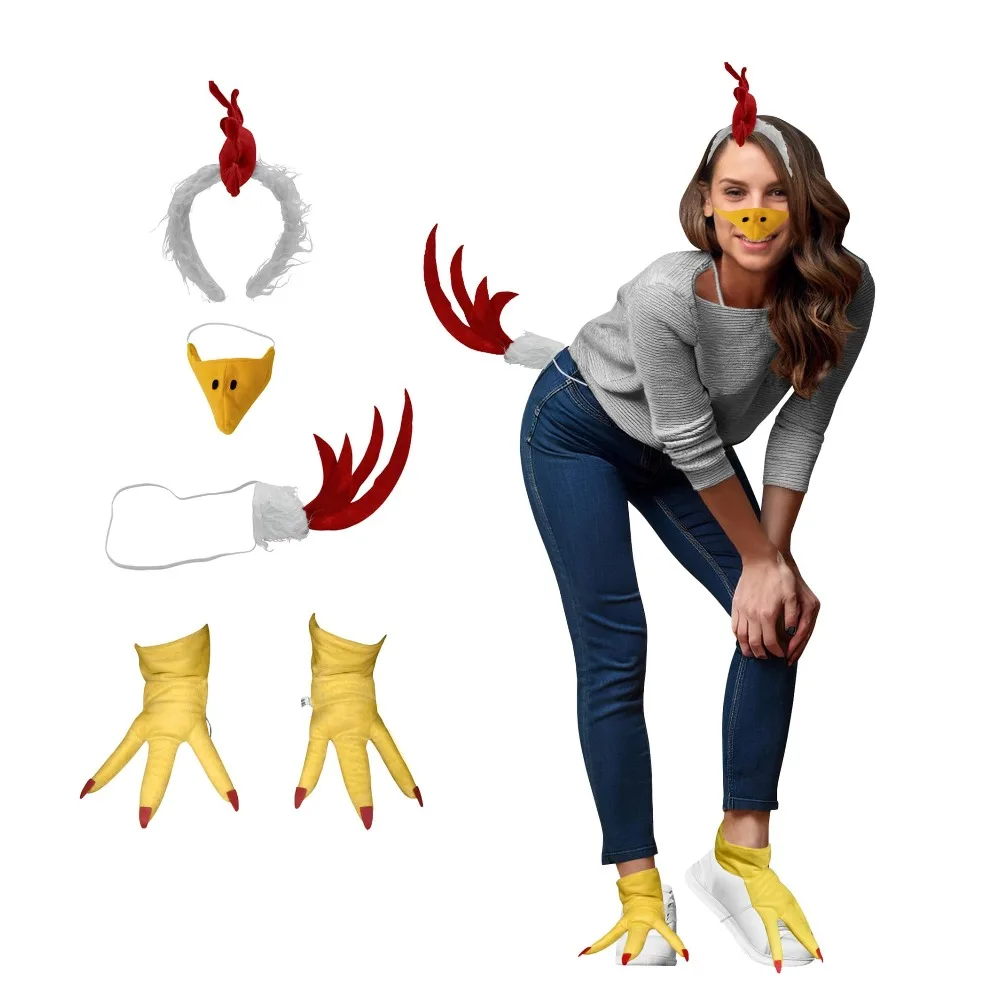 Rooster Chicken Costume Kit Chicken Headband Tail Beak Feet Men Women Halloween Cosplay Costume Accessory Set Birthday Christmas
