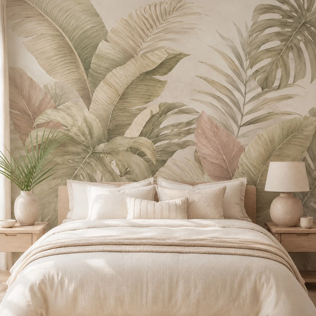 Beige Tropical Leaves Wallpaper Mural Neutral Palm Monstera Wall Art Living Room Bedroom Non Self Adhesive Requires Glue