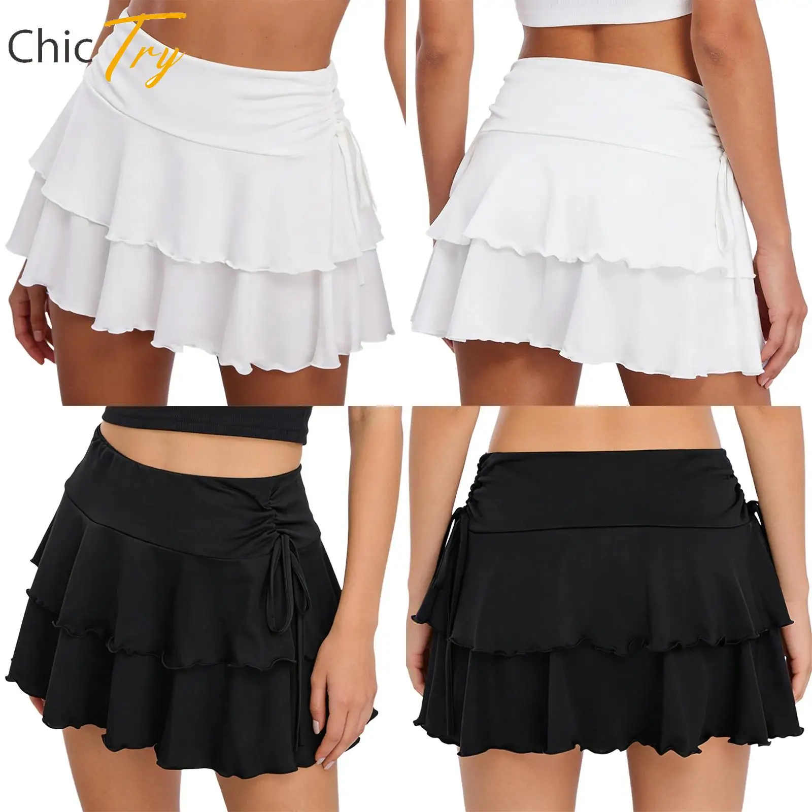 

Womens Music Festival Dance Performance Costume Tennis Golf Skirt Tiered Ruffled Bowknots Ruched Stretchy Skirts Party Clubwear