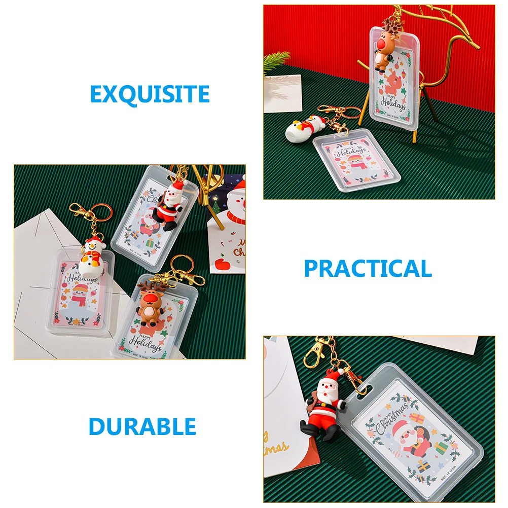 4 Pcs Christmas Card Set Name Badge Holder with Buckle Keychain Useful Portable Id Cards Work Cover for Student Multifunction