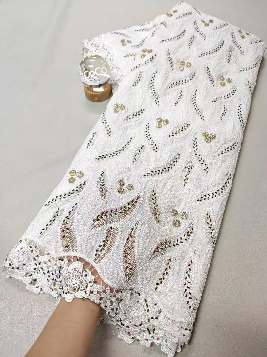 

2025 High-Quality Africa Nigerian Sequins Cotton Embroidery Lace Fabric Tulle for Wedding Party Dress Chiffon 5Yards XL129