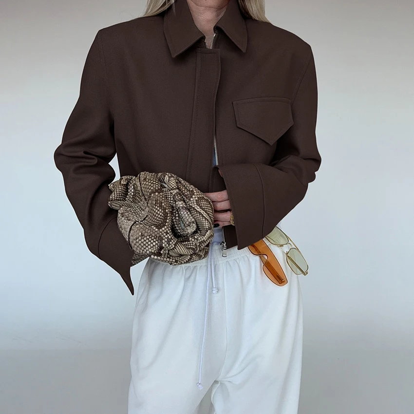 

Linad Elegant Brown Turn Down Collar Coats For Woman Vintage Woven Slim Jackets Female 2025 Fashion Autumn Long Sleeve Outerwear