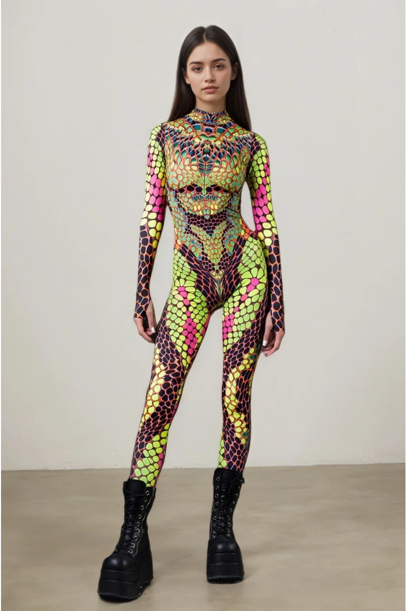 IOOTIANY Damen Schmetterling-Schlangen-Bodysuit Catsuit Tribal Halloween Party Rave Jumpsuit Festival Cosplay Performance Zentai – Detail 16