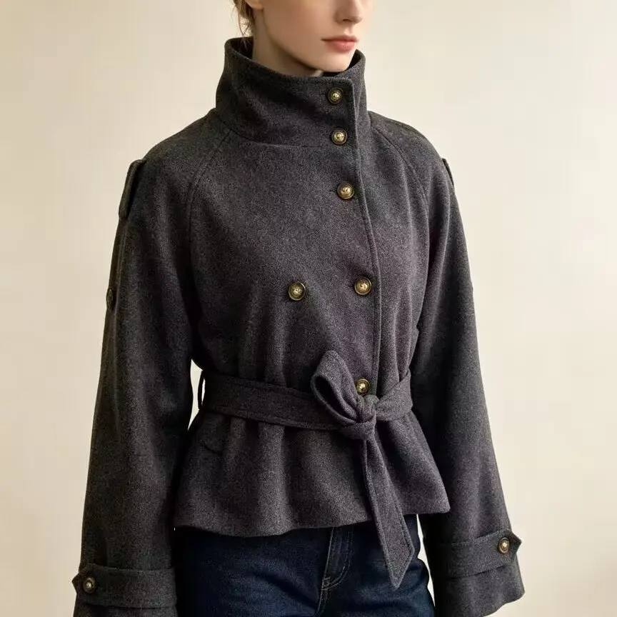 Fashionable Woolen Coat Women's Elegant Stand Collar Belted Outerwear Casual Versatile Stylish Polyester Fiber Long Sleeve