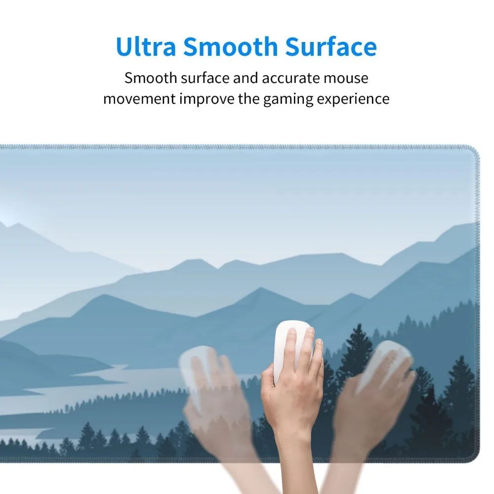 Large Gaming Mouse Pad Blue Misty Mountain Forest River Landscape Extended Desk Mat Non‑Slip Rubber Playmat with Stitched Edges