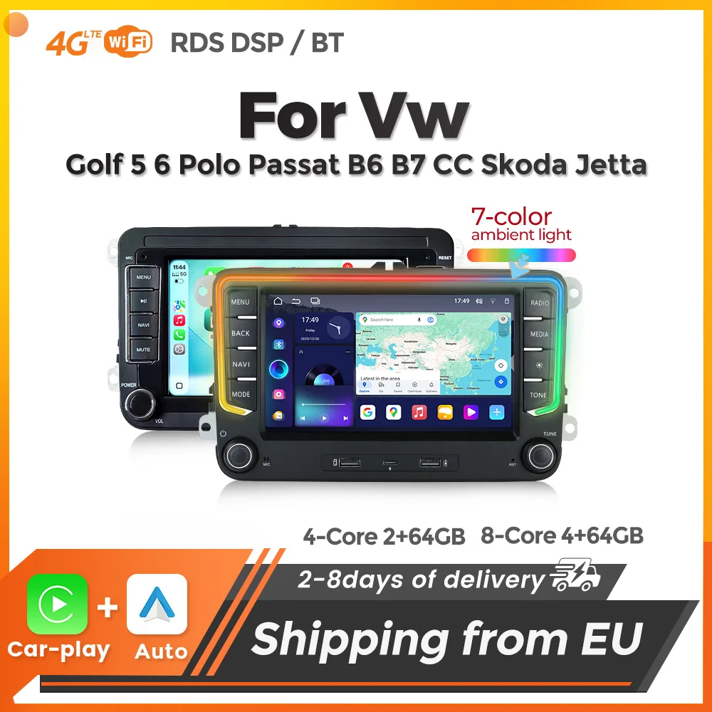 MEKEDE 7" Autoradio Android sans fil Carplay Auto 2 Din GPS pour Volkswagen VW Passat B6 B7 Skoda Octavia Fabia Superb VW Golf 5 6 Tiguan Touran Polo Jetta Seat Altea Lecteur vidéo multimédia avec éclairage ambiant 7 couleurs 2Din Autoradio 4G LTE FM Stéréo