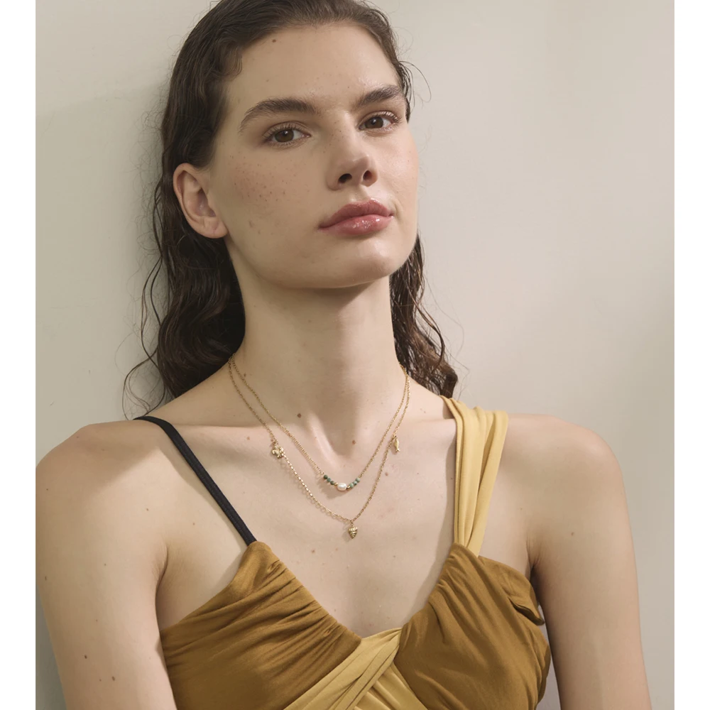 Yhpup الصيف نمط طبقة مزدوجة سلسلة محارة السلاحف الأسماك قطرة قلادة 316L الفولاذ المقاوم للصدأ الحجر الطبيعي اللؤلؤ سلسلة مجوهرات