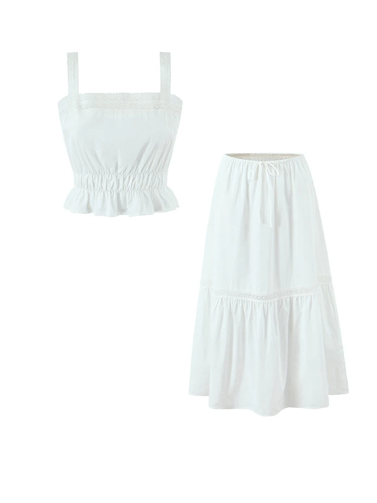 

Women's White Lace Trim Two-Piece Set, Sleeveless Peplum Crop Top & Tiered Midi Skirt for Summer