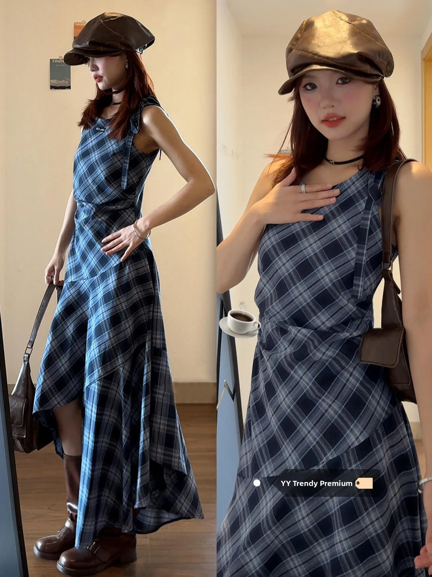 Colete francês sle xadrez svel dr feminino outono inverno emagrecimento longo dr cintura-concha faionable dr