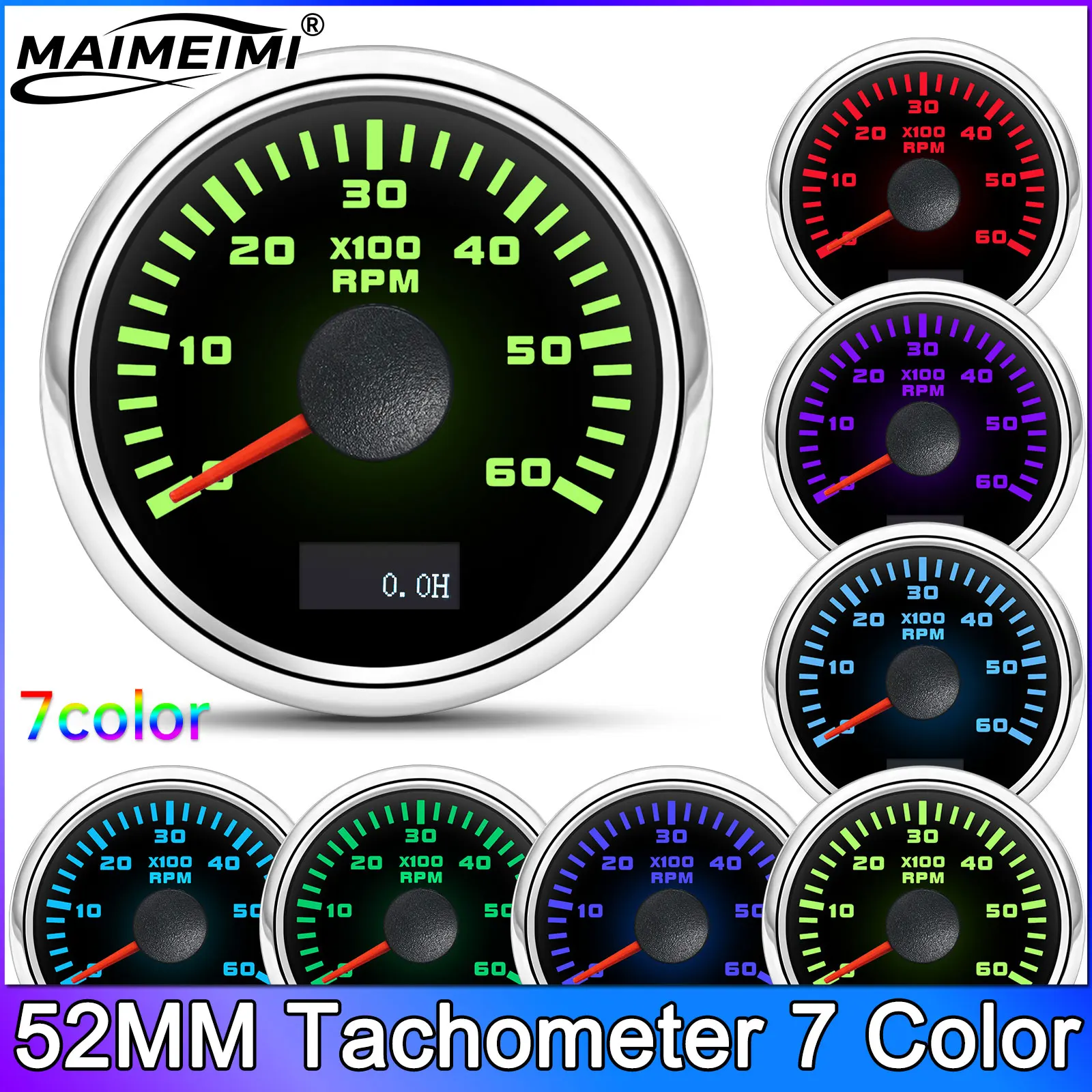 Tacómetro de 6000 RPM, 52 mm, con retroiluminación de 7 colores, sensor de RPM para coche, barco, moto, tacómetro digital, medidor de velocidad.
