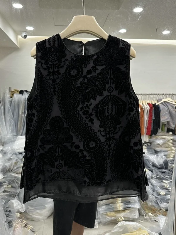 

Velvet Vest Double Layered round Neck Women's Shirt New Summer Fashion Side Button French Style Loose Fit Tagkita