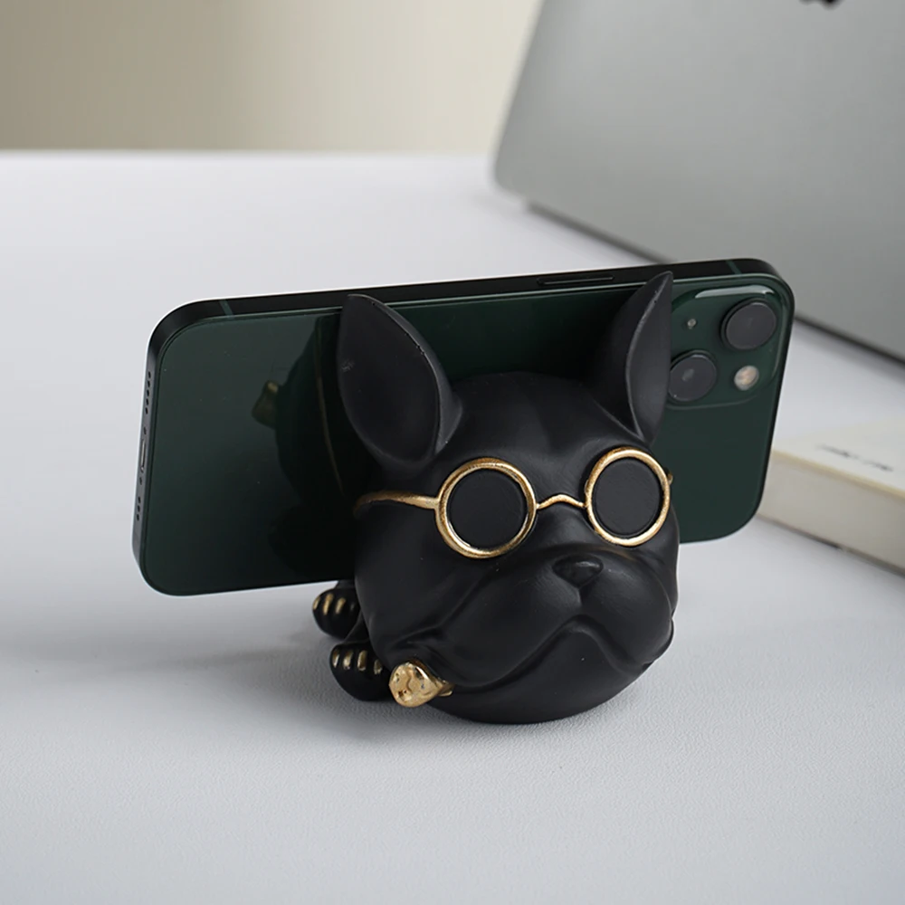 

French Bulldog Phone Stand Resin Dog Decoration with Sunglasses Pet Dog Craft for Living Room Office Desk Bedroom Vanity Mirror
