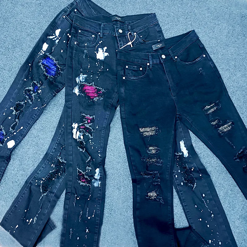 Men Black Washed Iridescent Foil Print Splash‑Ink Distressed Stretch Skinny Denim Jeans Hip‑Hop Streetwear Denim Jeans