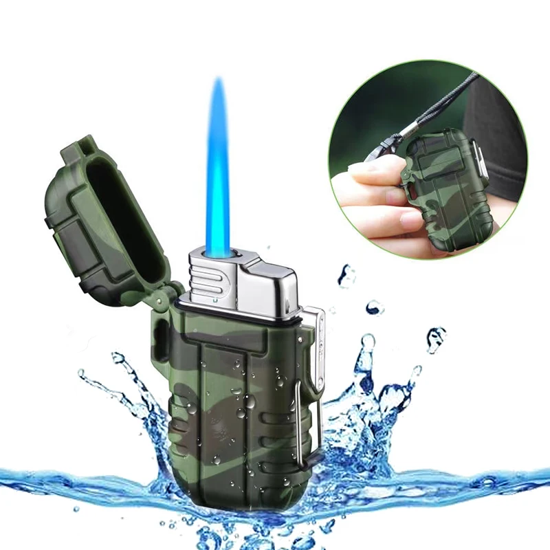 Outdoor Waterproof Lighter with Lanyard Portable Blue Flame Jet Lighter Butane Turbo Cigar Lighter Camping Wading Men\'s Gadgets