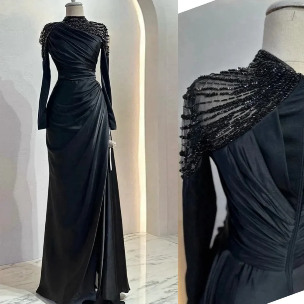 Customized Exquisite High Collar Sheath Evening Dresses Beading Fold s Vertically Hugging Floor length Prom فساتين سهره فاخره