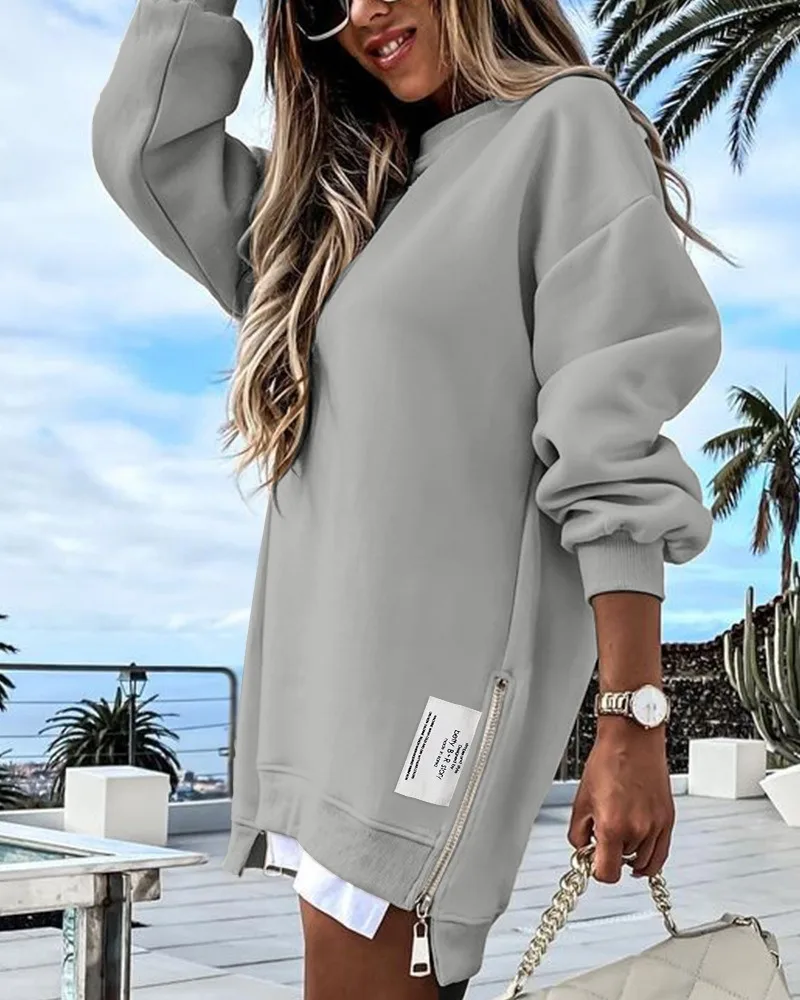 Autumn Sweatshirt Dress for Women New Long Sleeve Loose Zipper O-neck Long Causal Pullover Tops