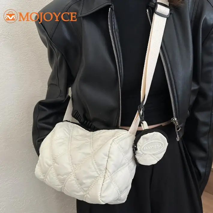 Ladies Cotton Padding Crossbody Bags with Coin Bag Winter Lingge Soild Shoulder Bag Women Quilted Embroidered Thread Satchel Bag