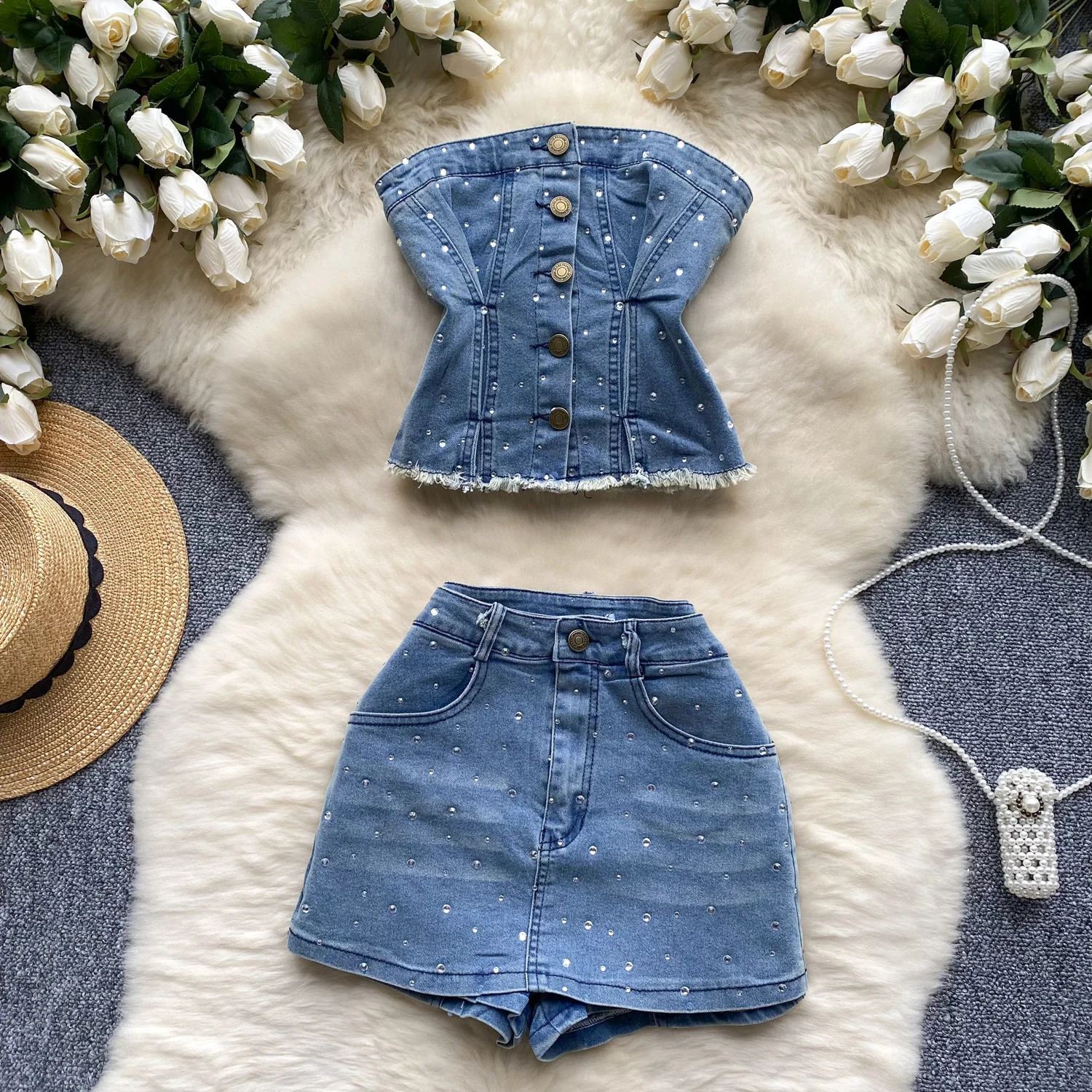 

Denim Tube Top Shorts Sets Sexy Youth Women Girls Strapless Tank Top matching Suits Rhinestone 2 Pieces Set for Woman