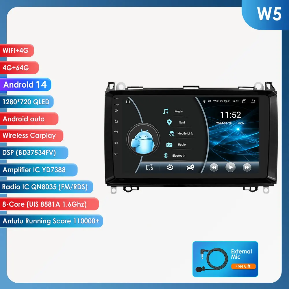 Hizpo 9" Android autoradio voor Mercedes Benz W169 W245 B200 W906 B906 Sprinter W639 Vito, draadloze CarPlay, Android Auto, GPS-navigatie, multimedia-speler, IPS-scherm, stereo, WiFi, 4G, Bluetooth,