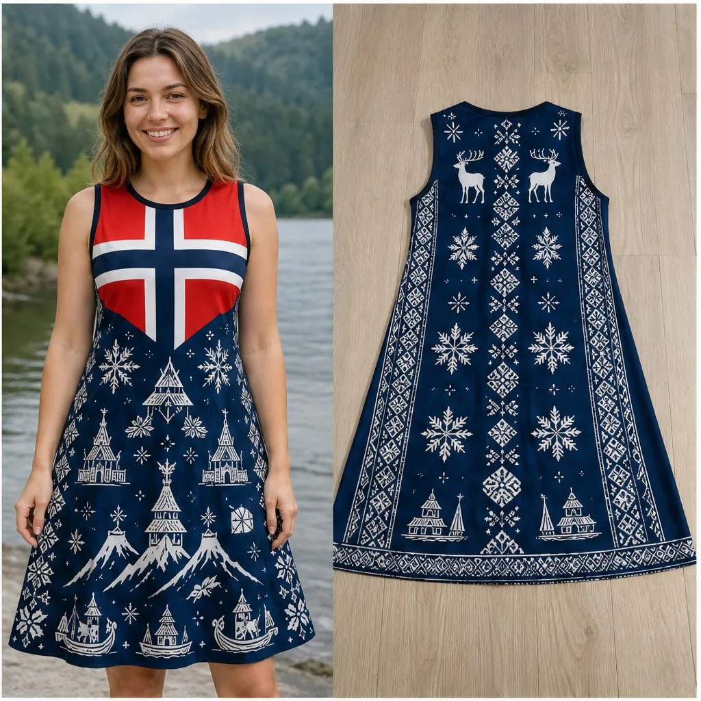 Robe ample sans manches pour femmes, imprimé flocons de neige du village norvégien, robe décontractée en forme de A, pour les vacances, le quotidien, confortable, style chic et décontracté