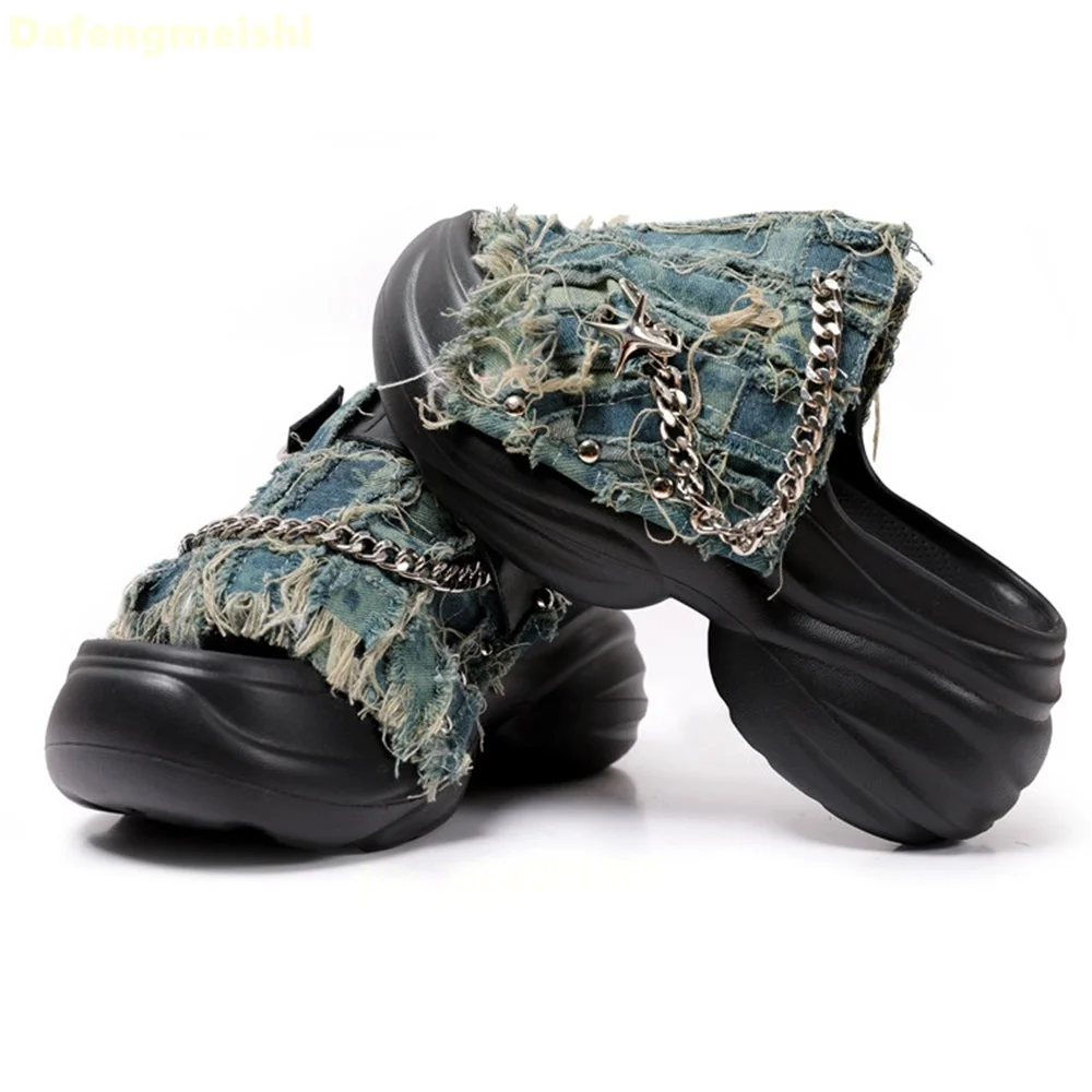Women Distressed Denim Chain Decor Platform Slide Sandals Open Toe Chunky Thick Sole Slippers Gothic Streetwear Casual Shoes