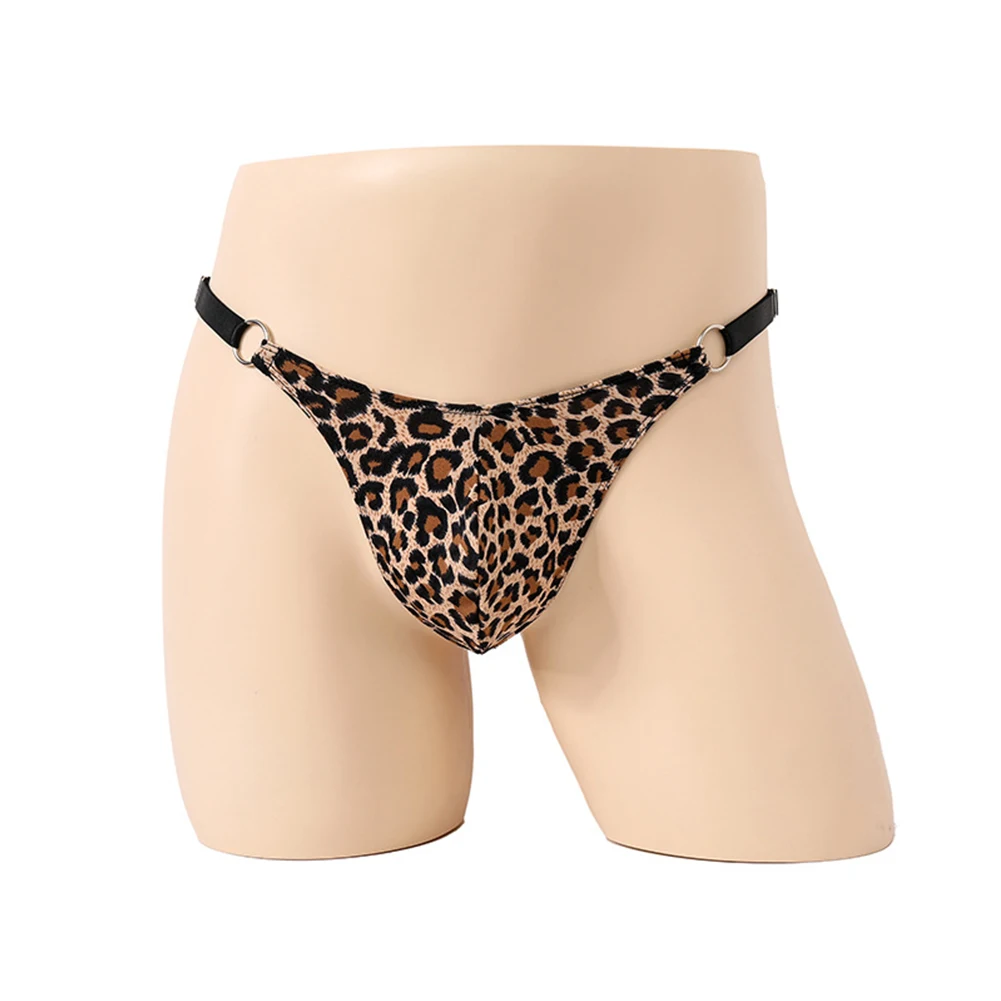 2023 Mens Leopard Thong Underwear Sexy Lace Jockstrap Pouch T-back Briefs Male Tight T Pants Bikini Pouch G-String Sleepwear