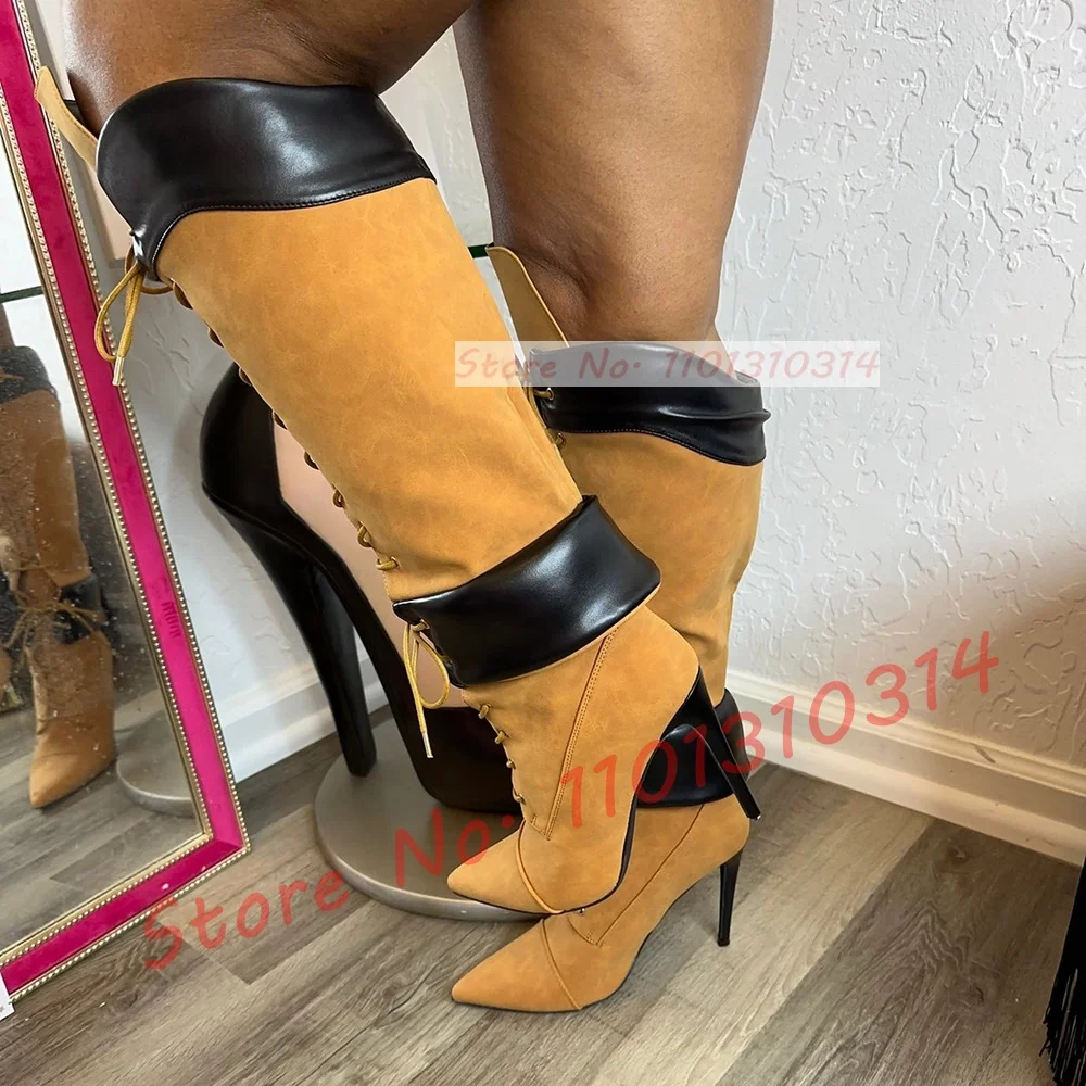 Tan Patchwork Mid Calf Boots Women Sexy Pointy Toe Front Lace Up High Heel Shoes Outfit Ladies Trendy Party Mixed Color Boots