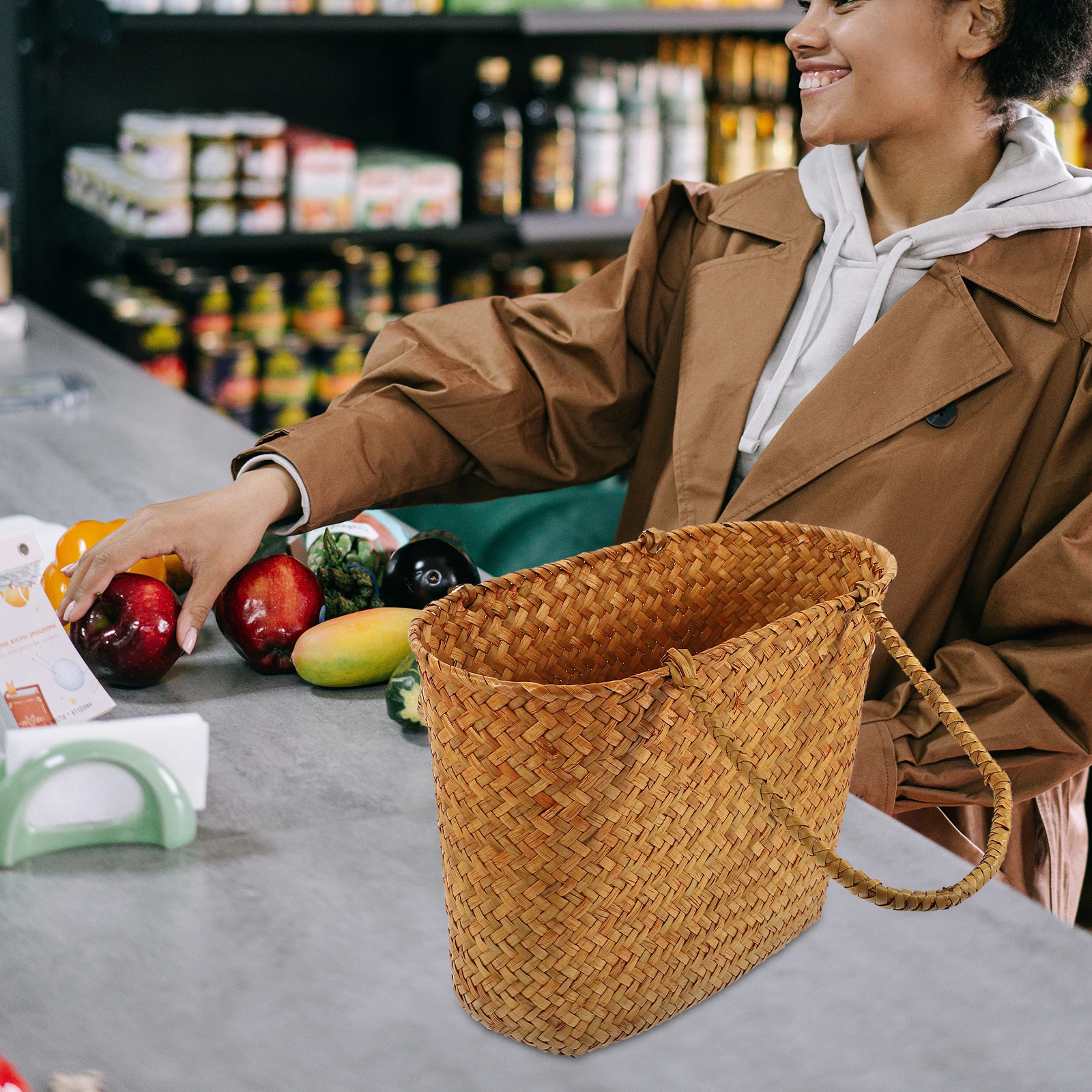 

Hand Woven Picnic Basket Straw Material Fruits Vegetables Storage Long Lasting Artistic Design Home Outdoor