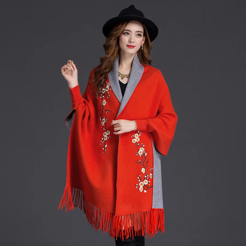 Women's Winter Warm Cashmere Poncho Scarf with Sleeve Embroidery Cape Tassel Blanket Wrapped Shawl New Design for Fashionable Co
