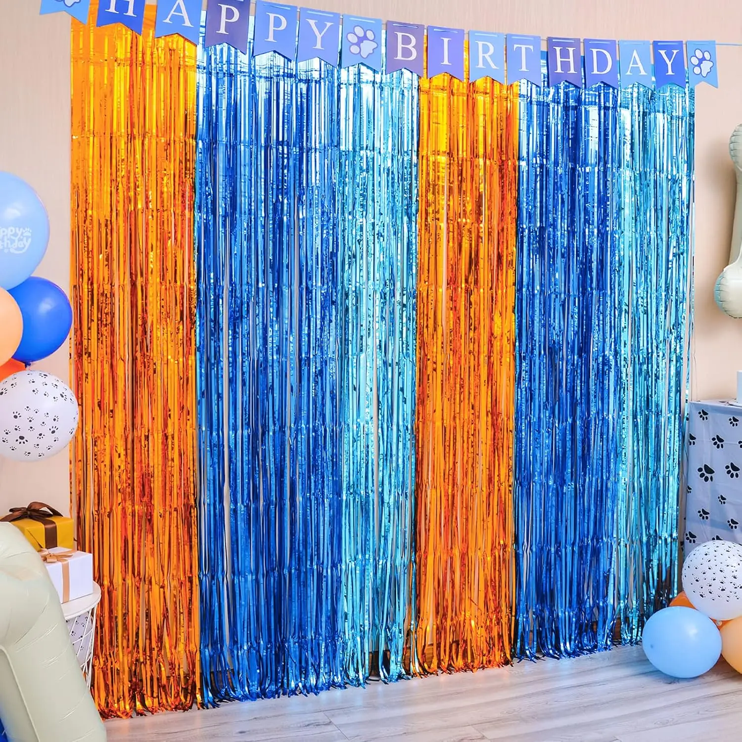 Blauer Hund, Partydekoration, orange, hellblaue Folie, Fransenvorhänge, orangefarbenes Lametta, Fotokabinen-Requisite für blaue Hunde, Geburtstagshintergrund – Detail 4