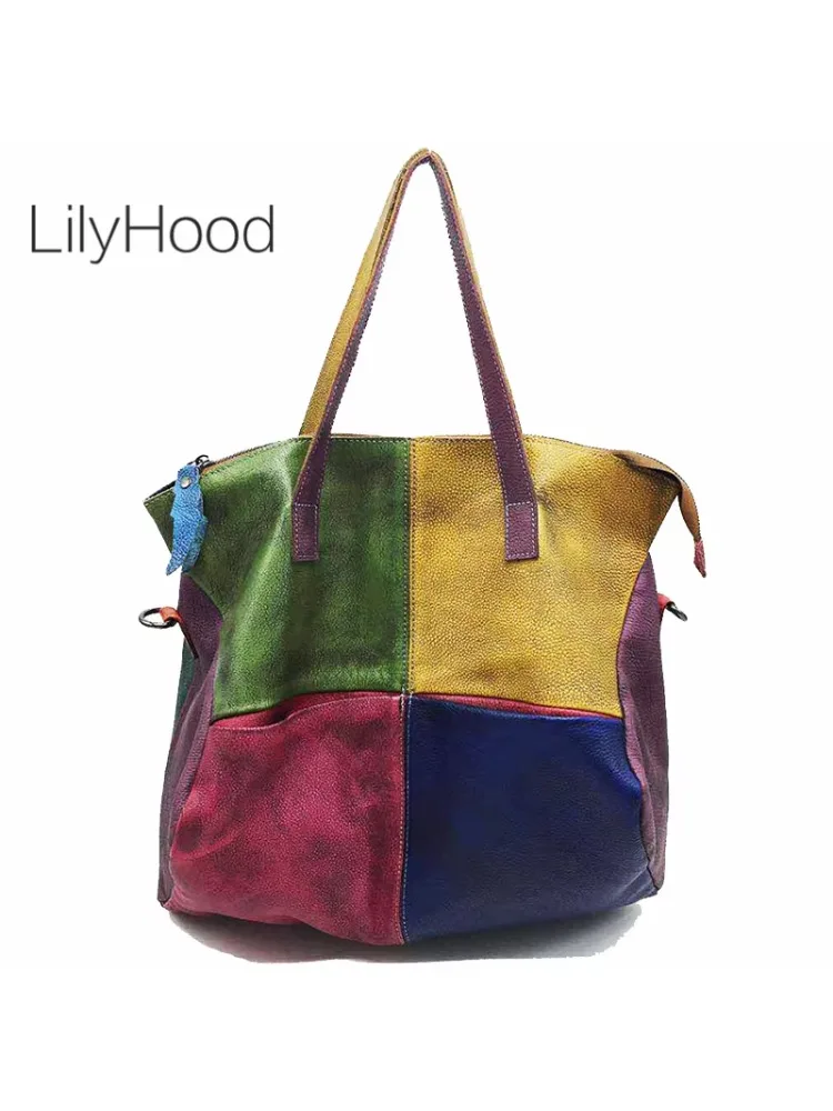 Duża torba weekendowa z prawdziwej skóry bydlęcej, patchworkowa, o dużej pojemności, na nocleg, 2026, damska, luksusowa, designerska, typu slouchy, torba crossbody. — zdjęcie 2