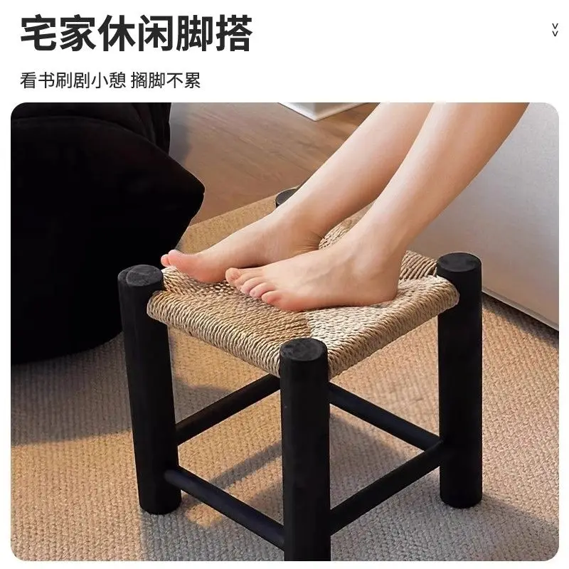 Bench Balcony Foot Step Rest Solid Wood Rattan Low Stool Home Door Shoe Change Stool Living Room Retro Four-legged Small