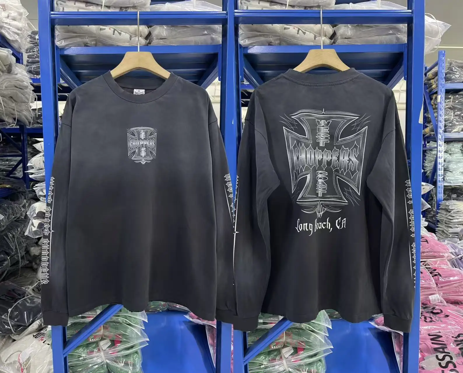 West Coast Choppers 26ss Iron Cross Vintage Washed Antique Long-Sleeved T-Shirt for Men and Women Trendy Style