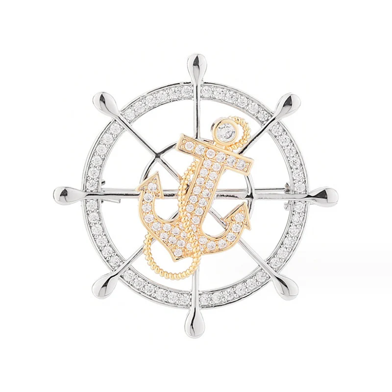 Fashion Titanium Micro-Inlaid AAA Zircon Rotatable Anchor Rudder Brooch Luxury Retro Pin