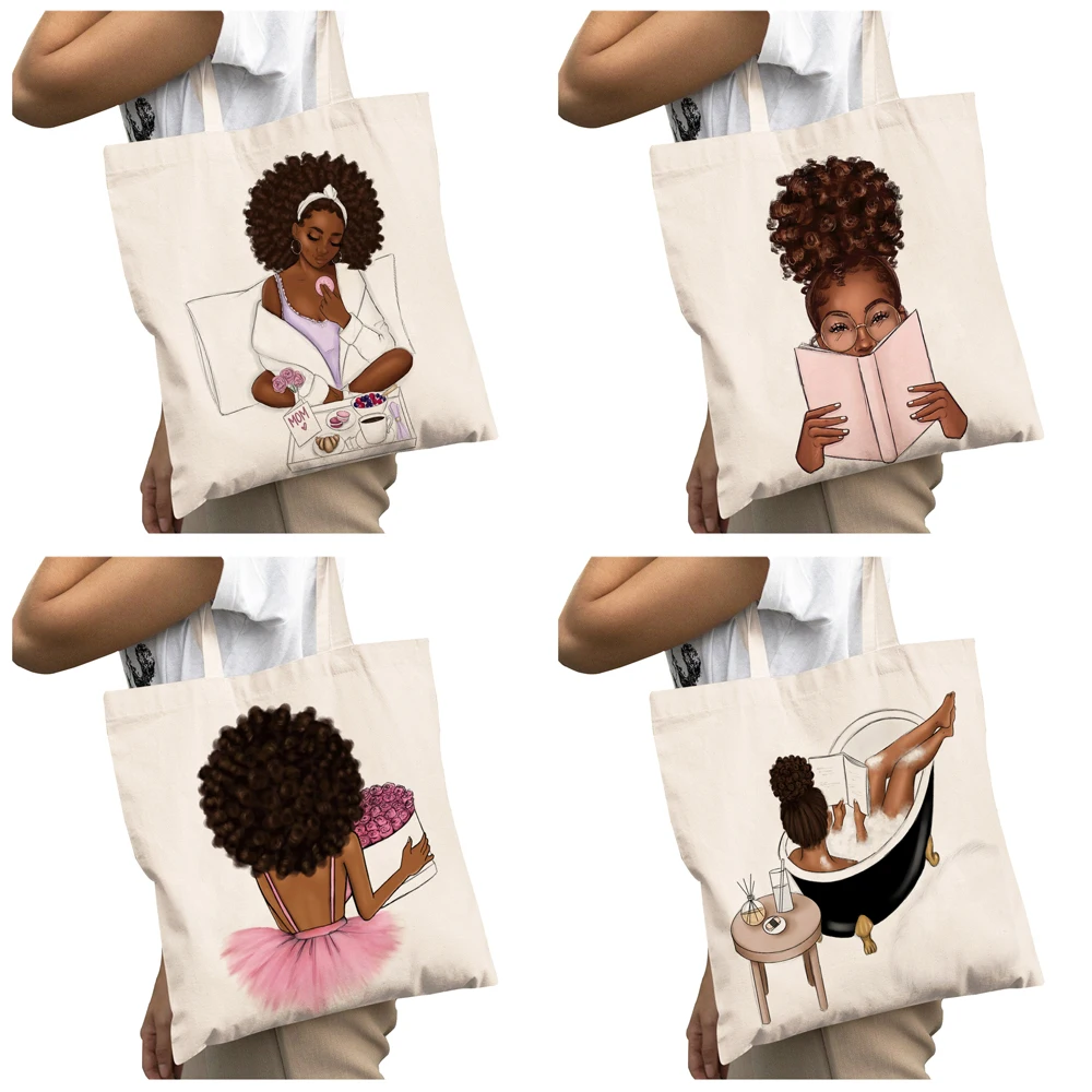 Casual African Girl Big Capacity Shopping Bags for Women Reusable Double Print Beautiful Black Fashion Lady Canvas Shopper Bag ​