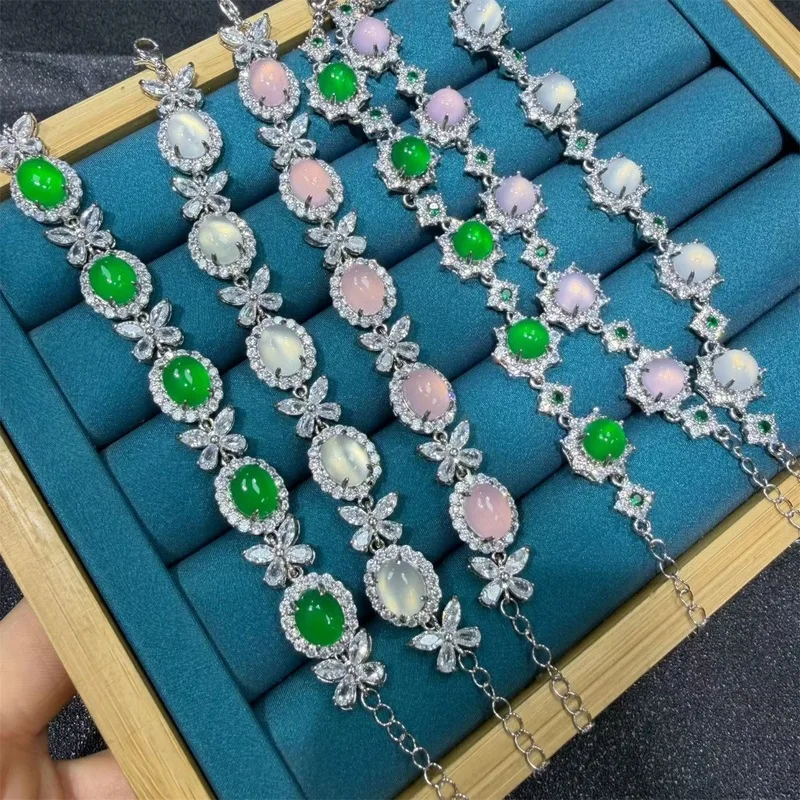 Natural Chalcedony Pendant Bracelet, Jade Agate Silver-Plated Inlaid Necklace 2