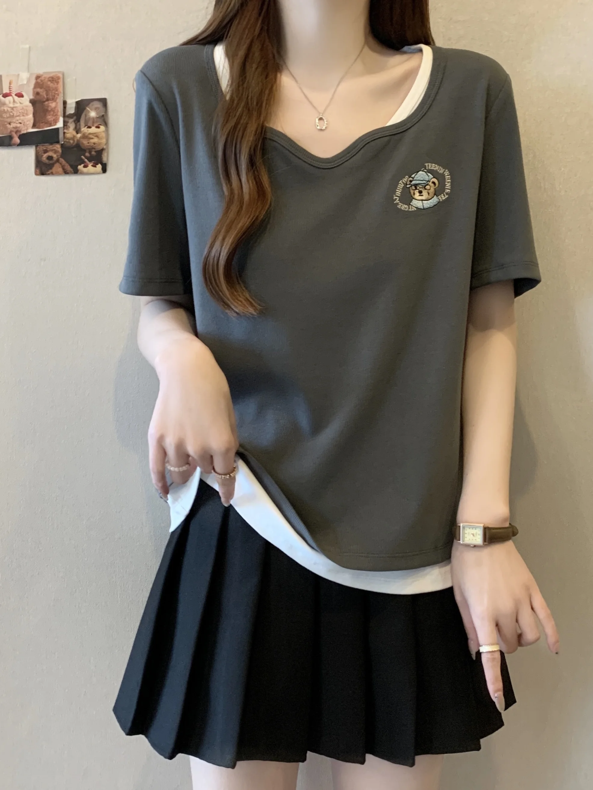 

plus Size Women's ey ort Sve T-irt Embroidered Design Summer Faionable Casual Sweet Sle Princ Fit Top