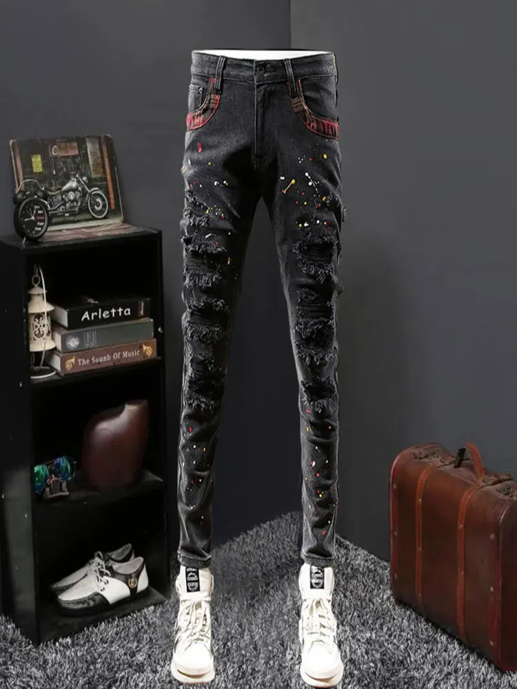 

2024 Men Motorcycle Pants 's Spring Retro Ripped Punk Button Jeans Pant Pantalon Homme Street