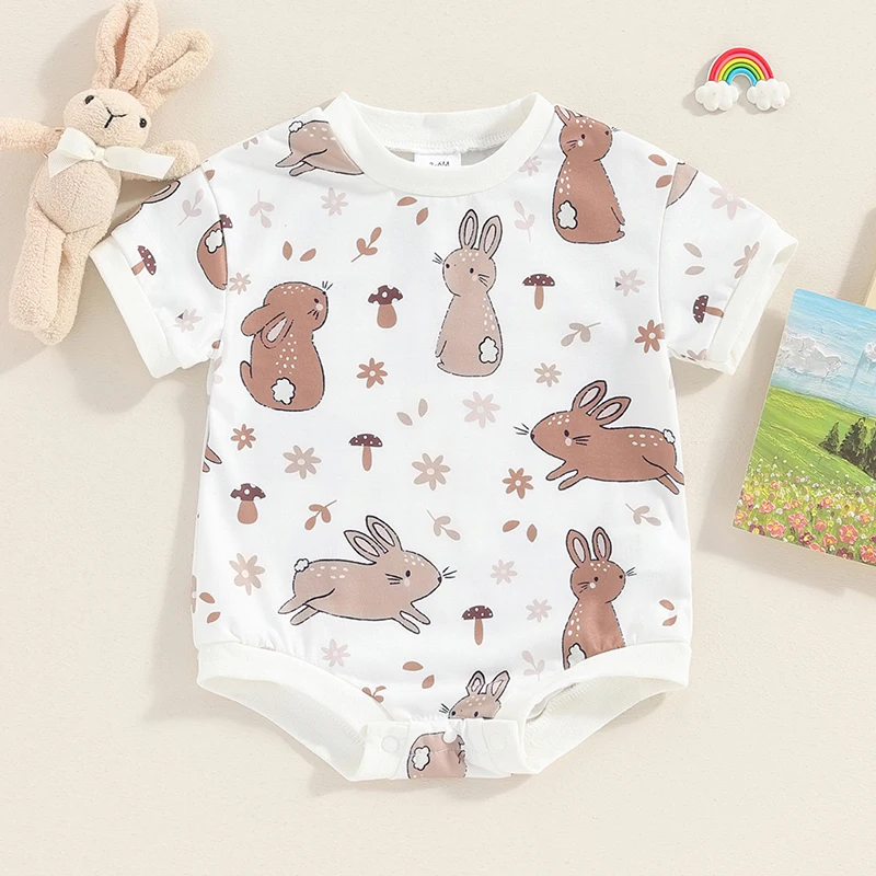 

Cute Toddler Easter Bunny Romper with Carrot and Flower Print Round Neck Short Sleeve Jumpsuit for Baby Boy Girl