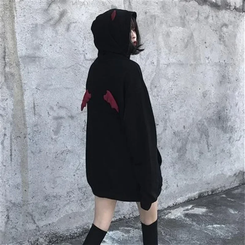 

Autumn Korean Black Demon Wing Letter Sweatshirts Women Hip Hop High Street Y2k Vintage Hooded Grunge Sudadera Mujer Harajuku