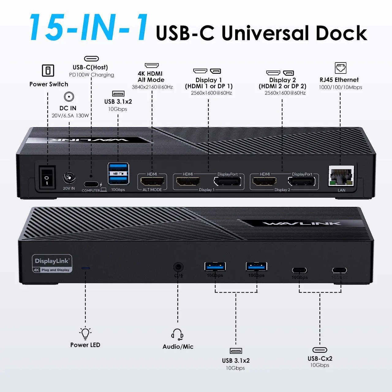 Dual/Triple Display Universal Docking Station USB-C Dock for Intel/M1/M2-Mac/Dell/Asus NO PD/100W Laptop Charging