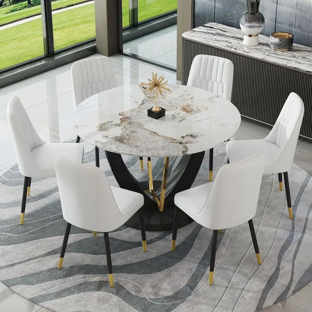 

6-Seat 48 Marble-Top Dining Set with Upholstered Chairs for Kitchen, Living Room, and Restaurant Use