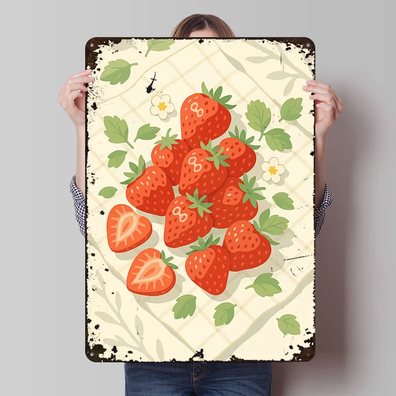 Erdbeere – Stilisiertes Tischdekorations-Poster, individuelle Vintage-Metallschilder, Wandkunst, Retro-Blechschild für Raumdekoration, gemütliches Zuhause